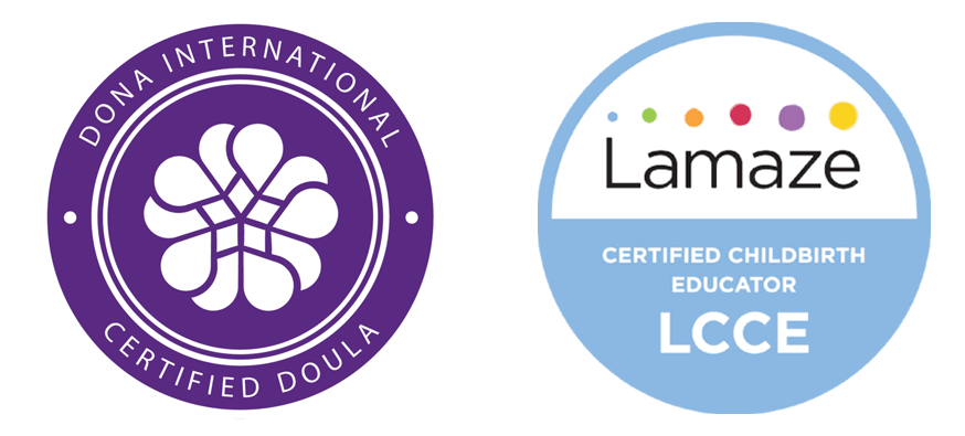 DONA Certified Birth Doula badge and a Lamaze Certified Childbirth Educator Badge