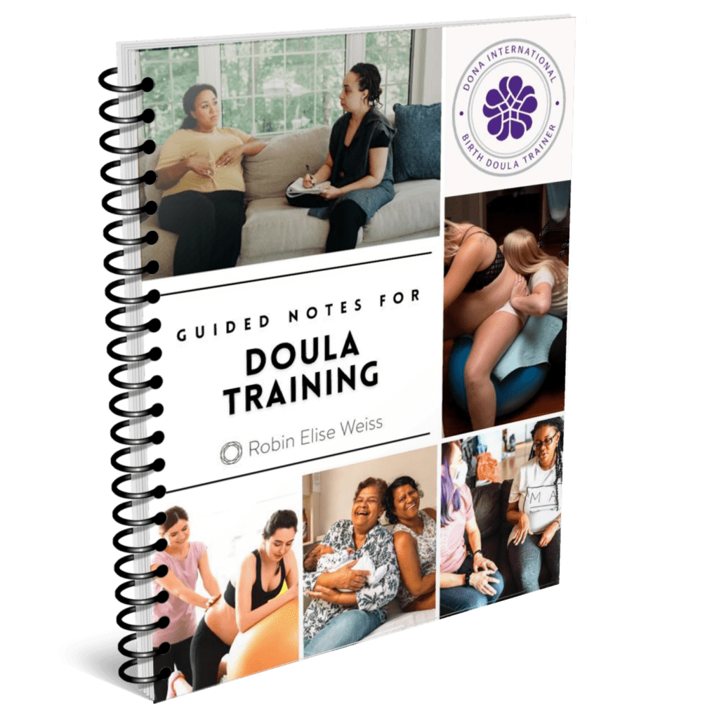 A spiral bound book titled Guided Notes for Doula Training with pictures of birthing people