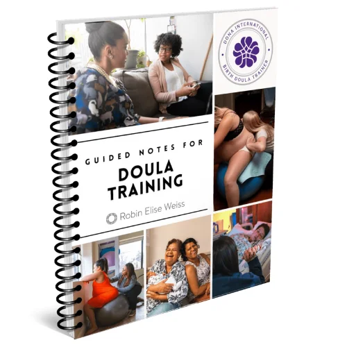 A work book with various images of birth doulas and laboring people on the spiral bound cover