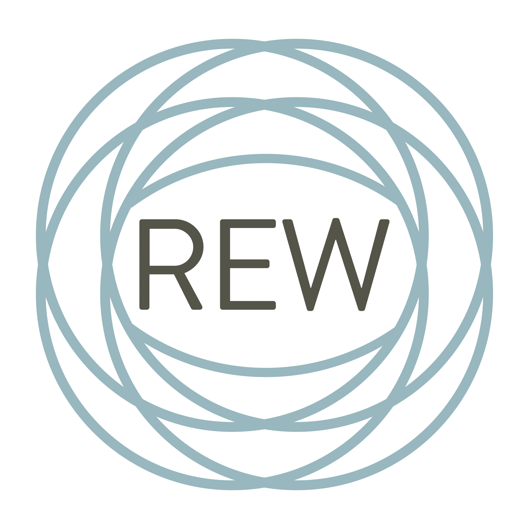 REW Logo: The letter REW inside a series of blue circles