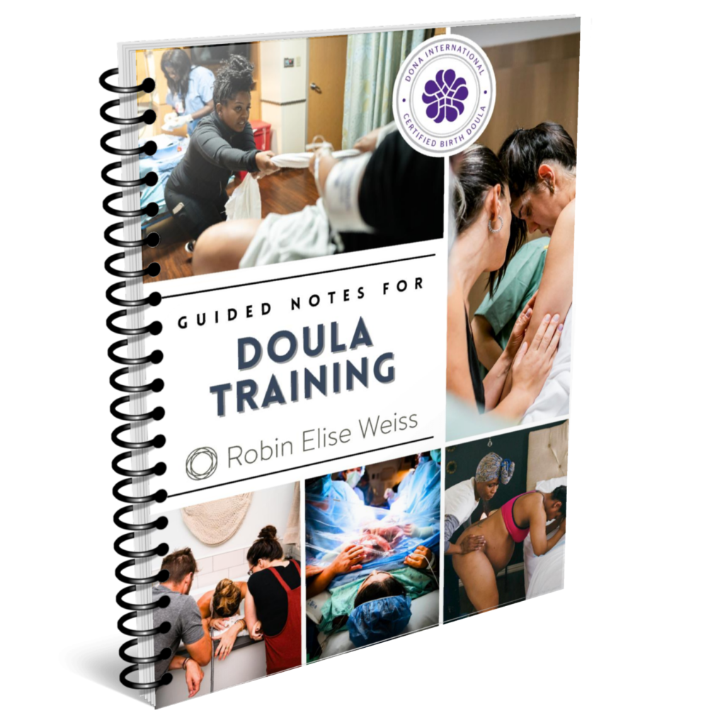 A work book with various images of birth doulas and laboring people on the spiral bound cover