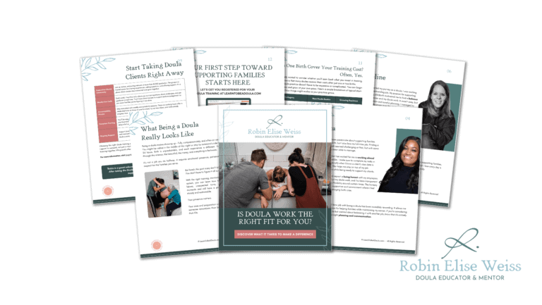 Mockup of Robin Elise Weiss's free guide "Is Doula Work the Right Fit for You?" with cover and sample interior pages from LearnToBeADoula.com.